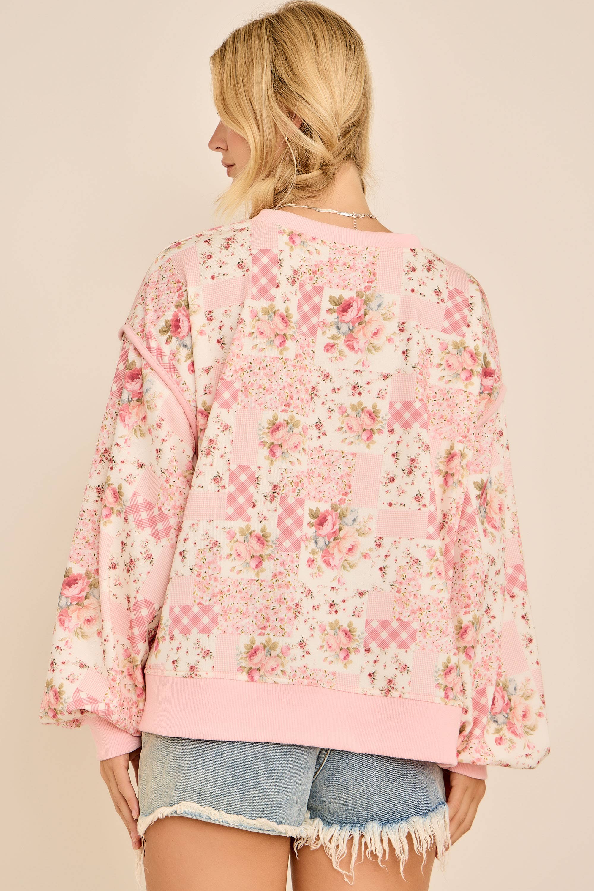 Blush Patchwork Floral Crewneck $50