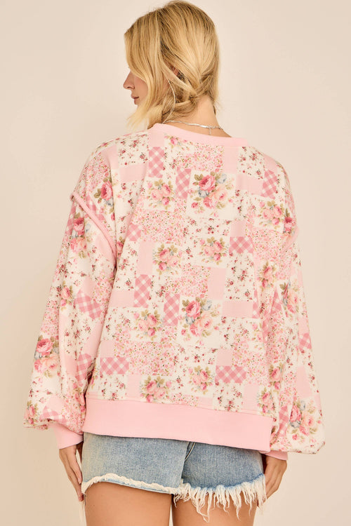 Blush Patchwork Floral Crewneck $50