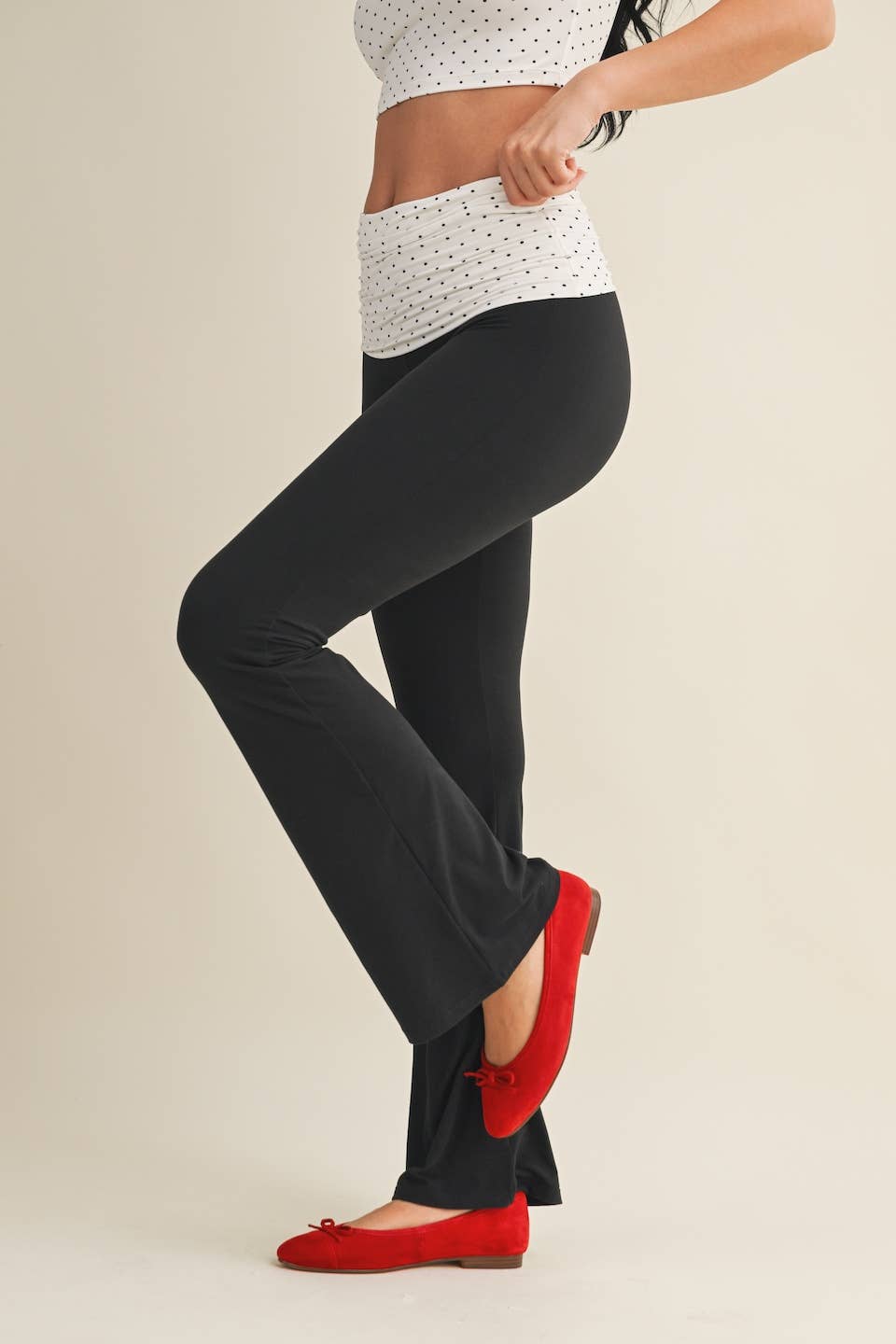 Polka Dot Soft Knit Foldover Flare Pants $24