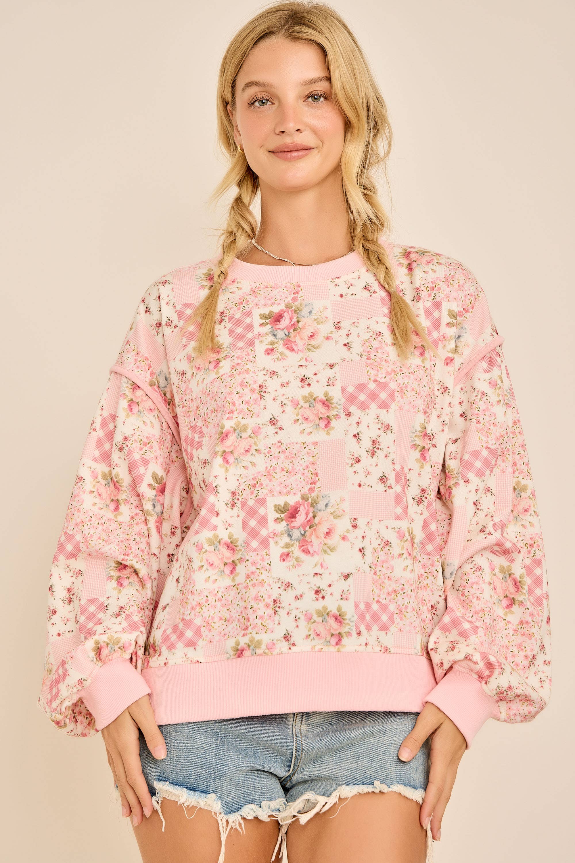 Blush Patchwork Floral Crewneck $50