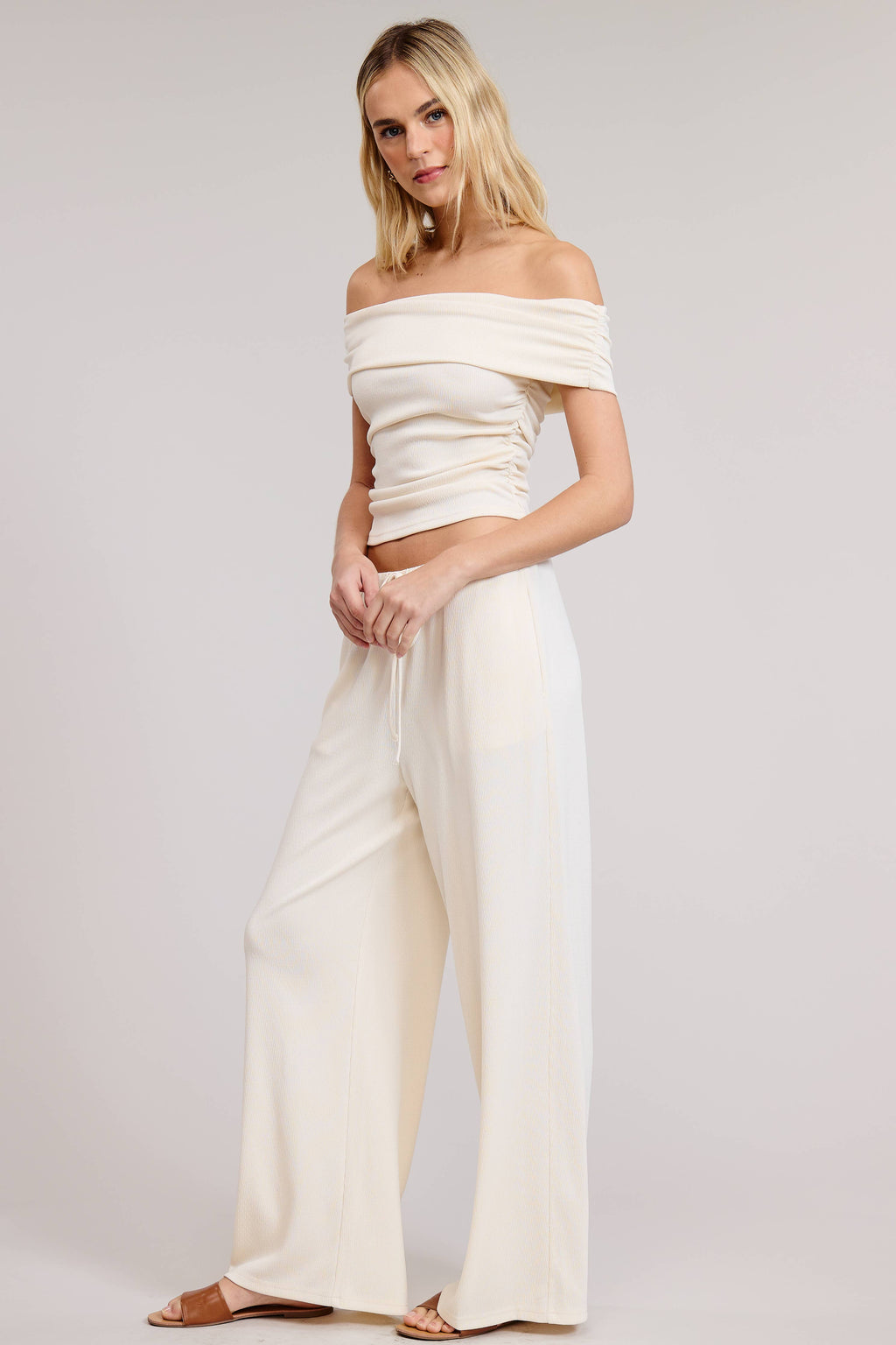 Off Shoulder Pants Set with Ruched Top - Sale $30