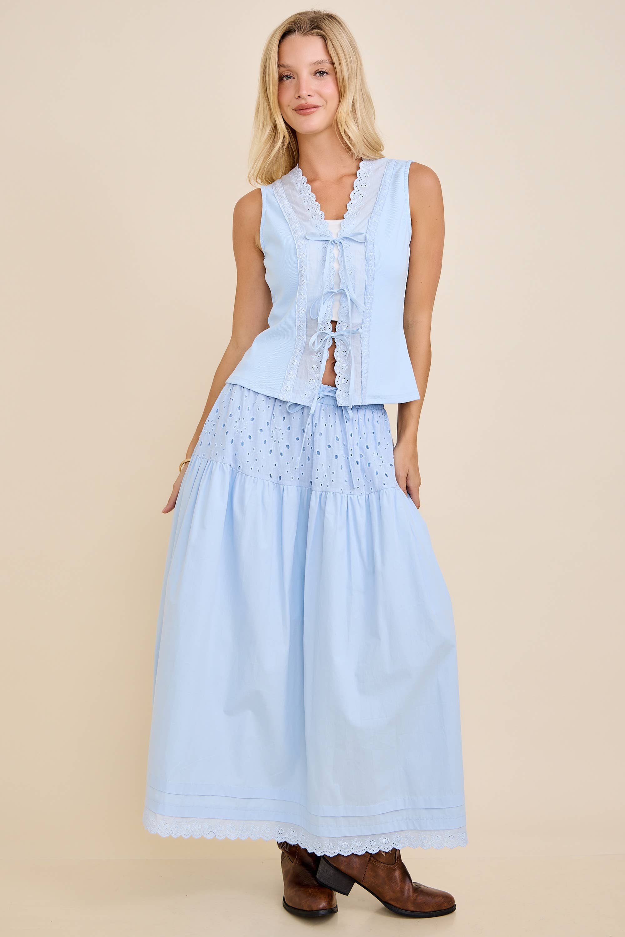 Lace-Up Eyelet Detail Ribbed Tank Top Western Style