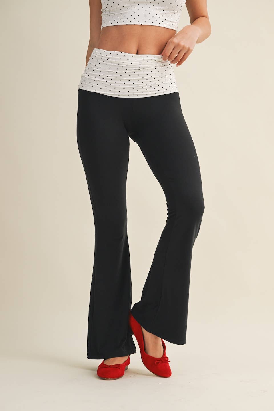 Polka Dot Soft Knit Foldover Flare Pants $24