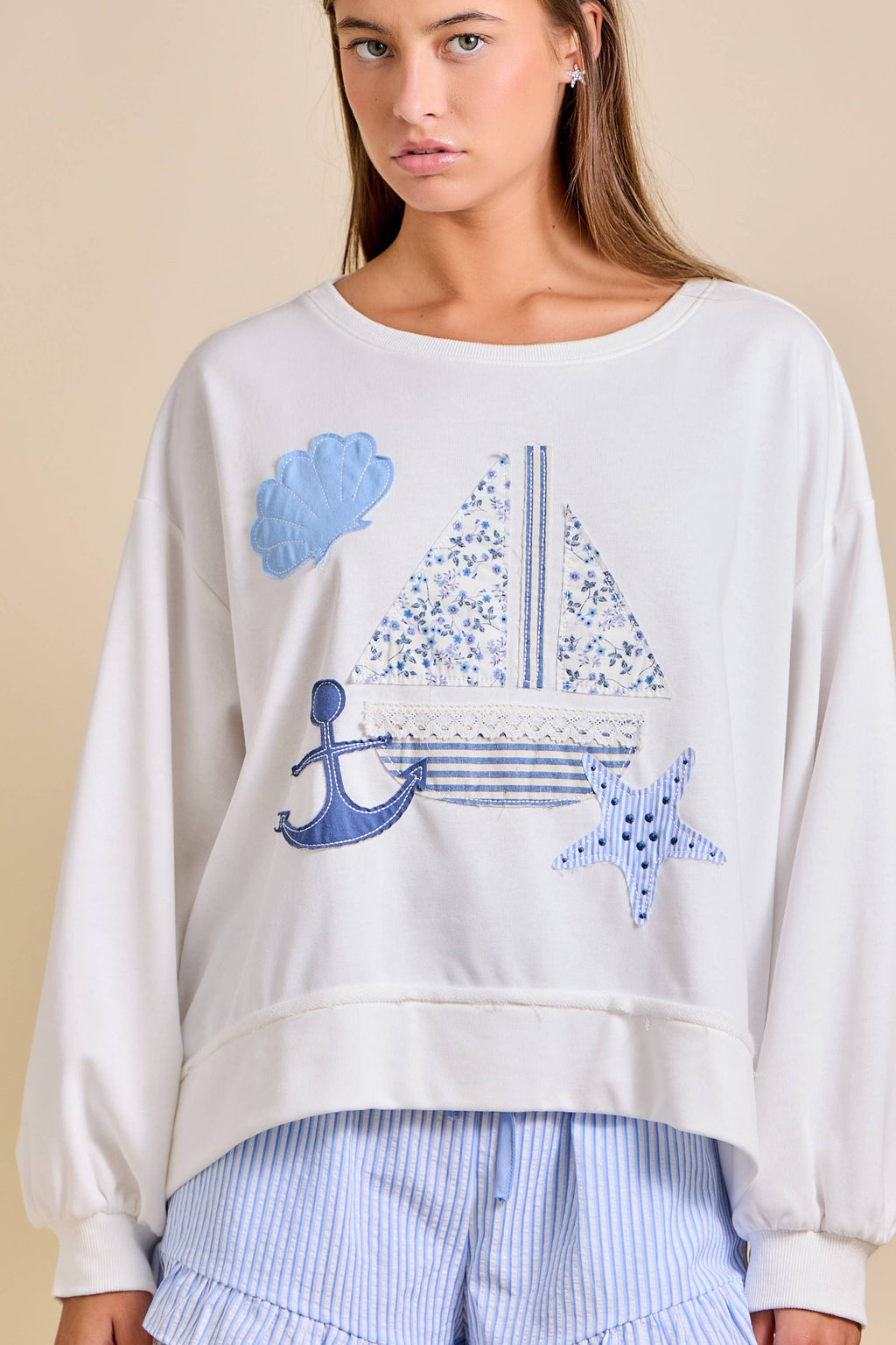 Sailboat Patchwork Sweatshirt – Coastal Summer Pullover