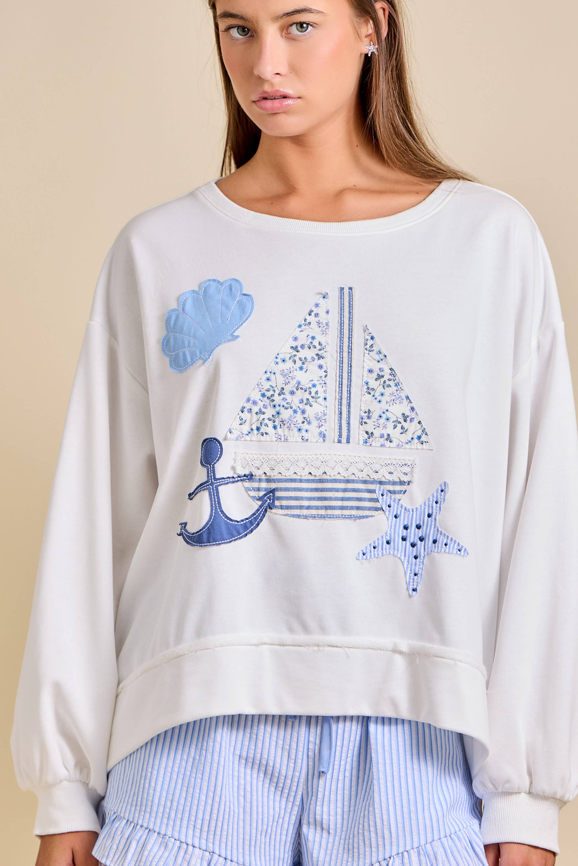 Sailboat Patchwork Sweatshirt – Coastal Summer Pullover