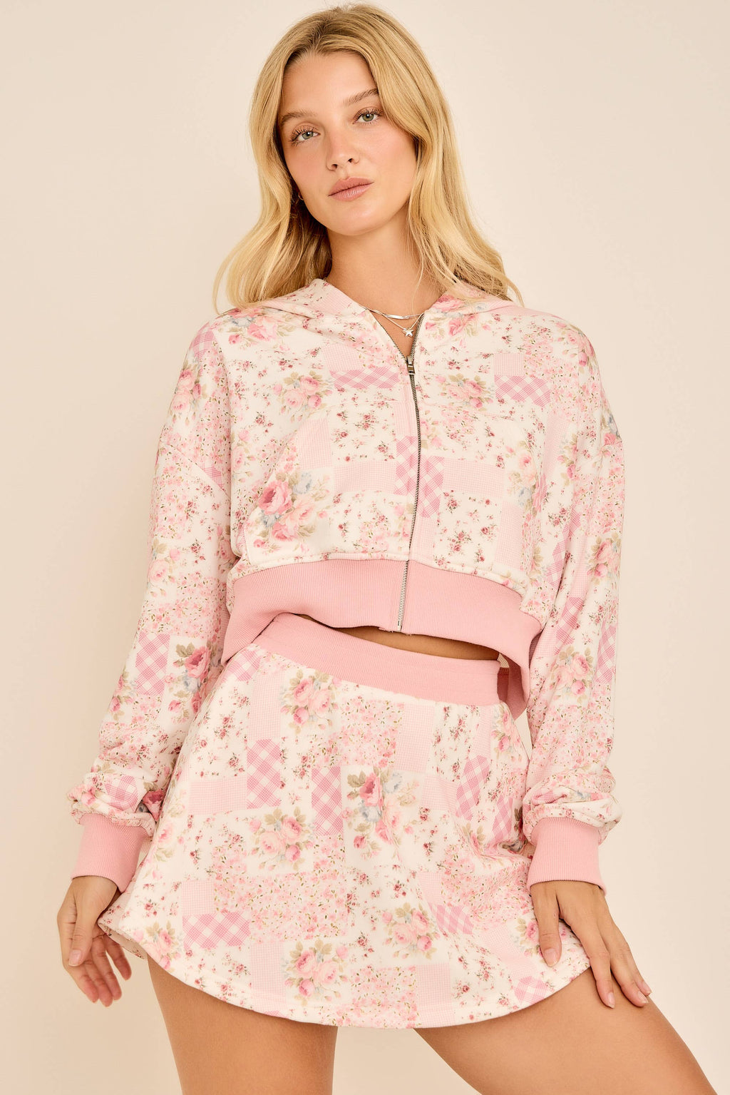 Ditsy floral patchwork printed cropped hoodie with set skort