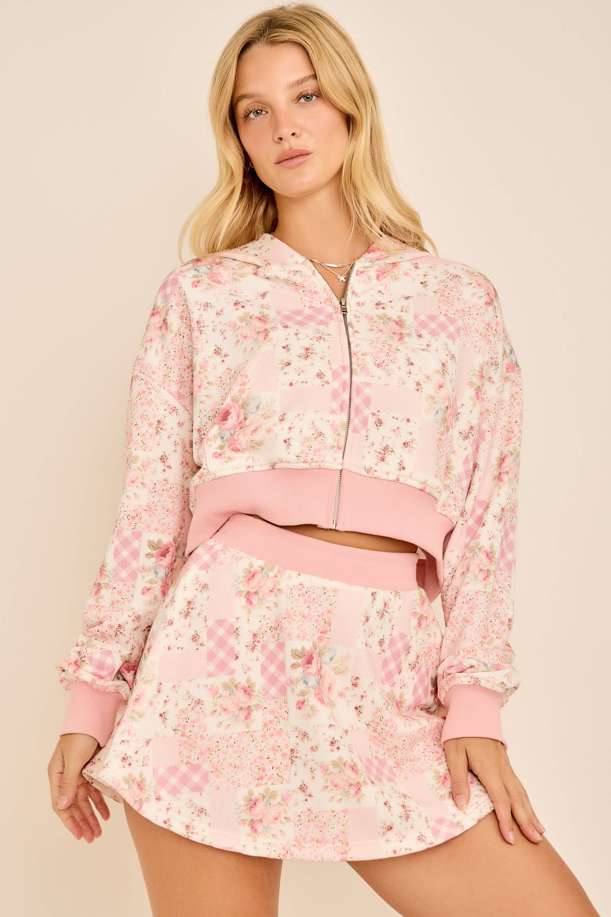 Ditsy floral patchwork printed cropped hoodie with set skort