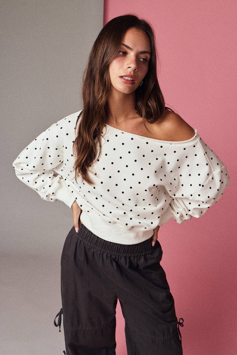Polka Dot Off Shoulder Sweatshirt Relaxed Fit