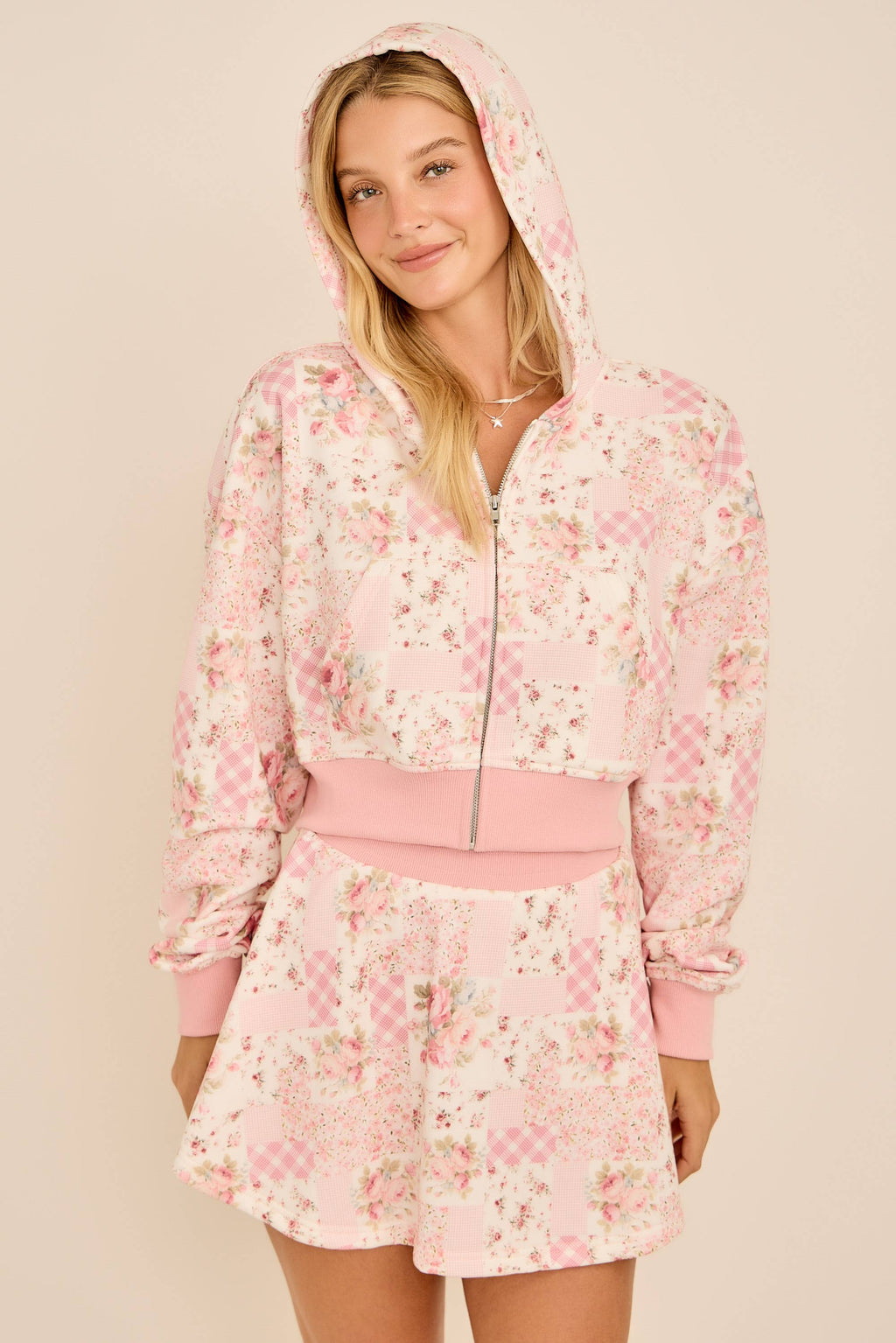 Ditsy floral patchwork printed cropped hoodie with set skort