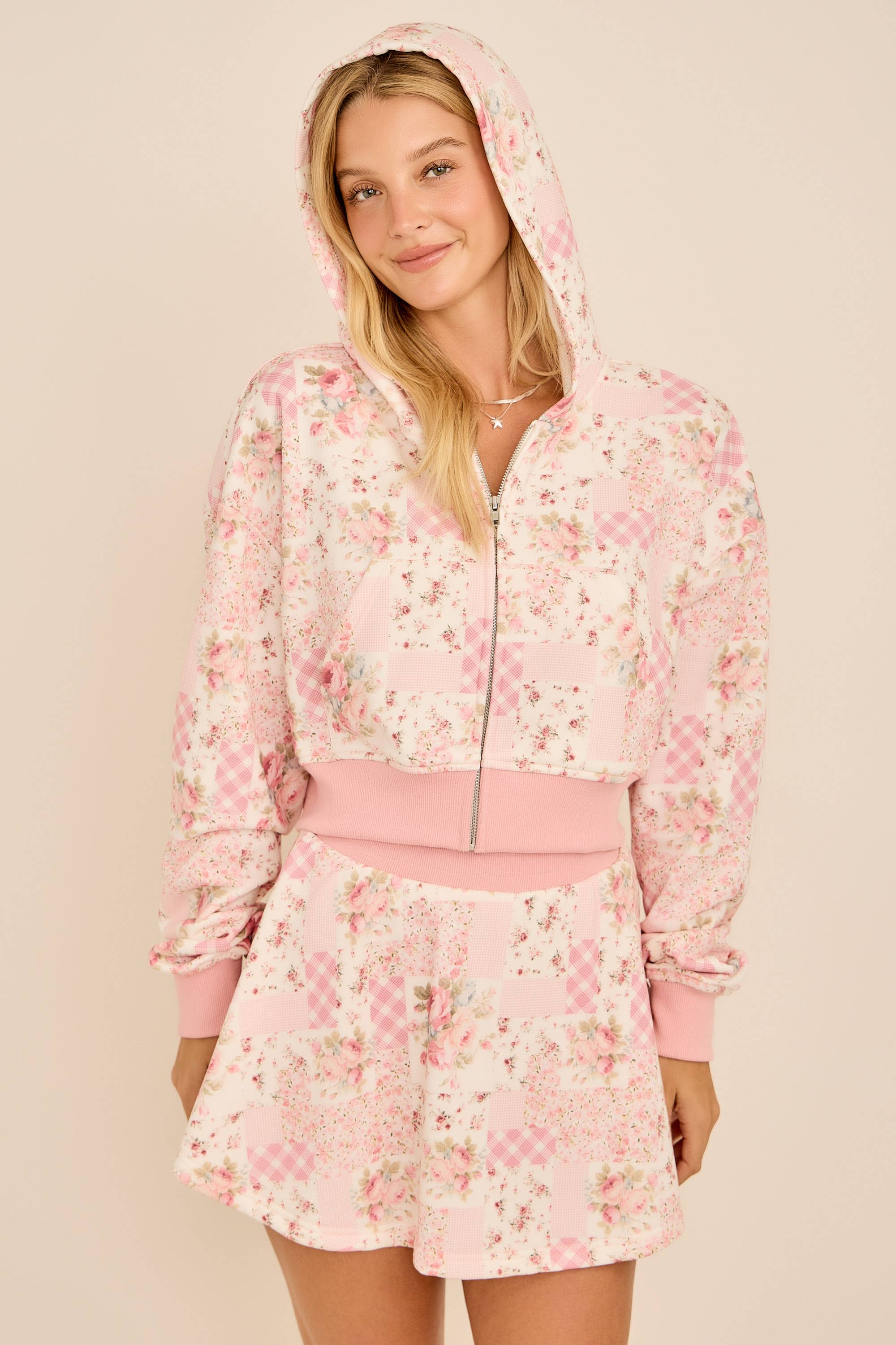 Ditsy floral patchwork printed cropped hoodie with set skort