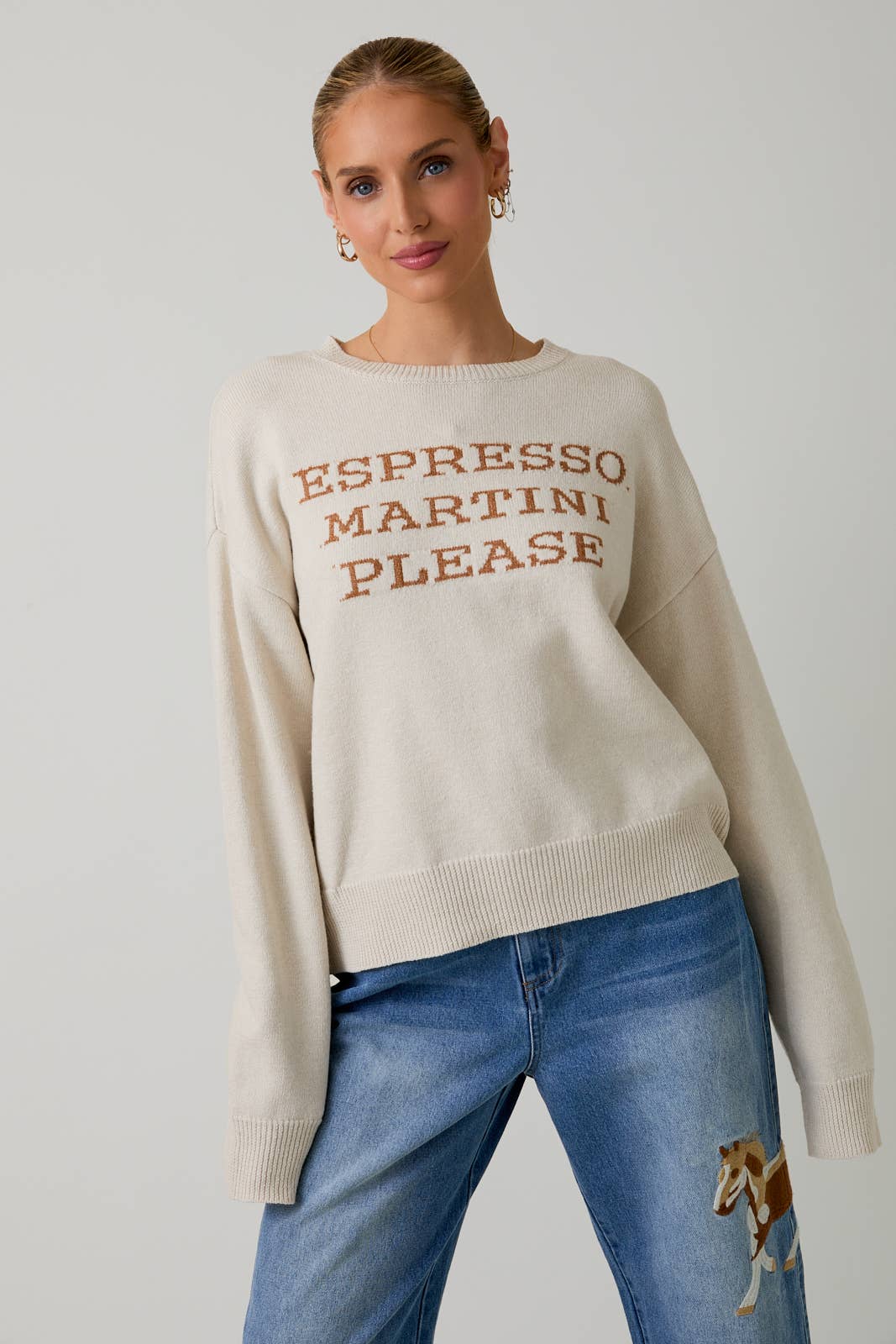 CREW NECK "ESPRESSO MARTINI PLEASE" SWEATER $55.00