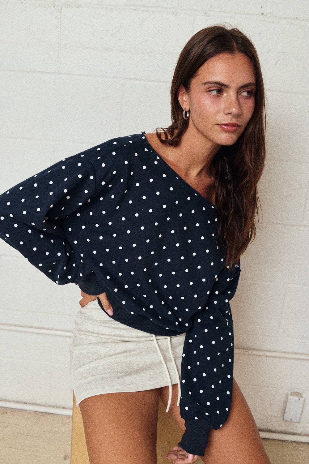 Polka Dot Off Shoulder Sweatshirt Relaxed Fit