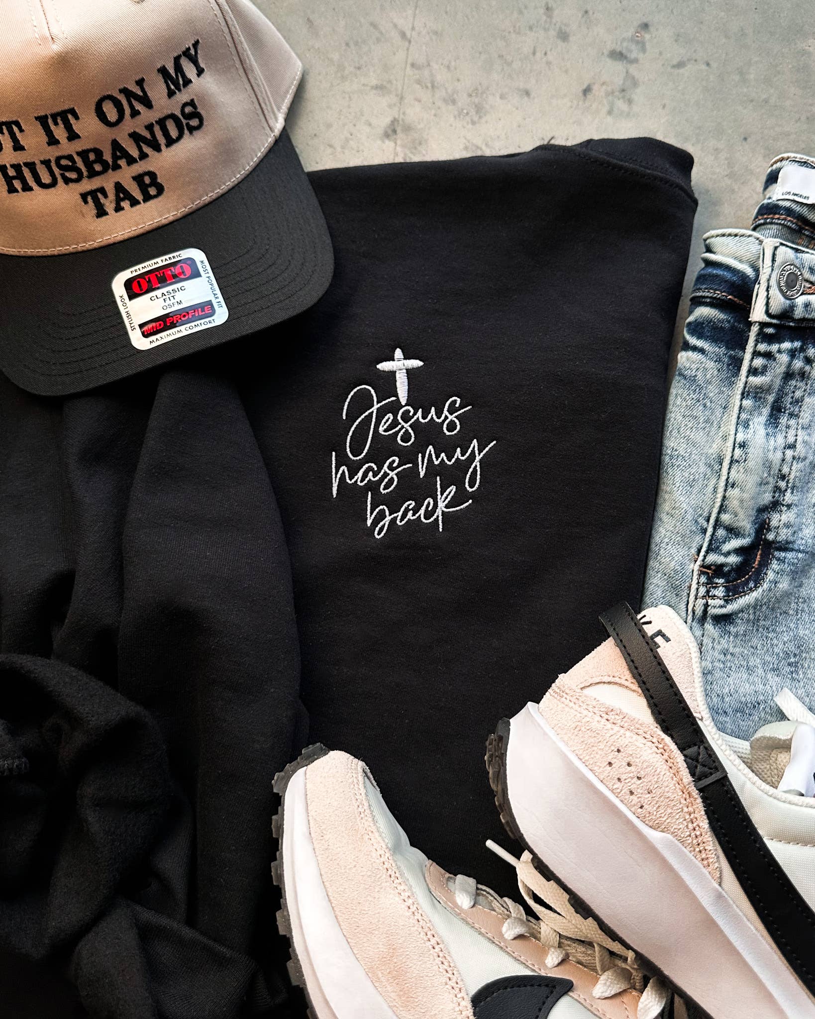 Jesus Has My Back Embroidery Sweatshirt $44