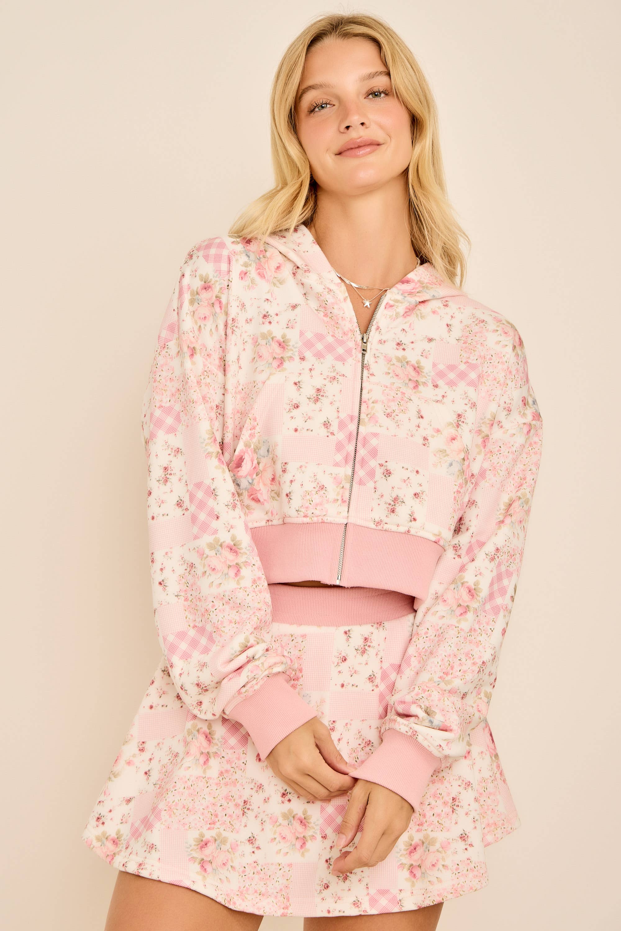 Ditsy floral patchwork printed cropped hoodie with set skort
