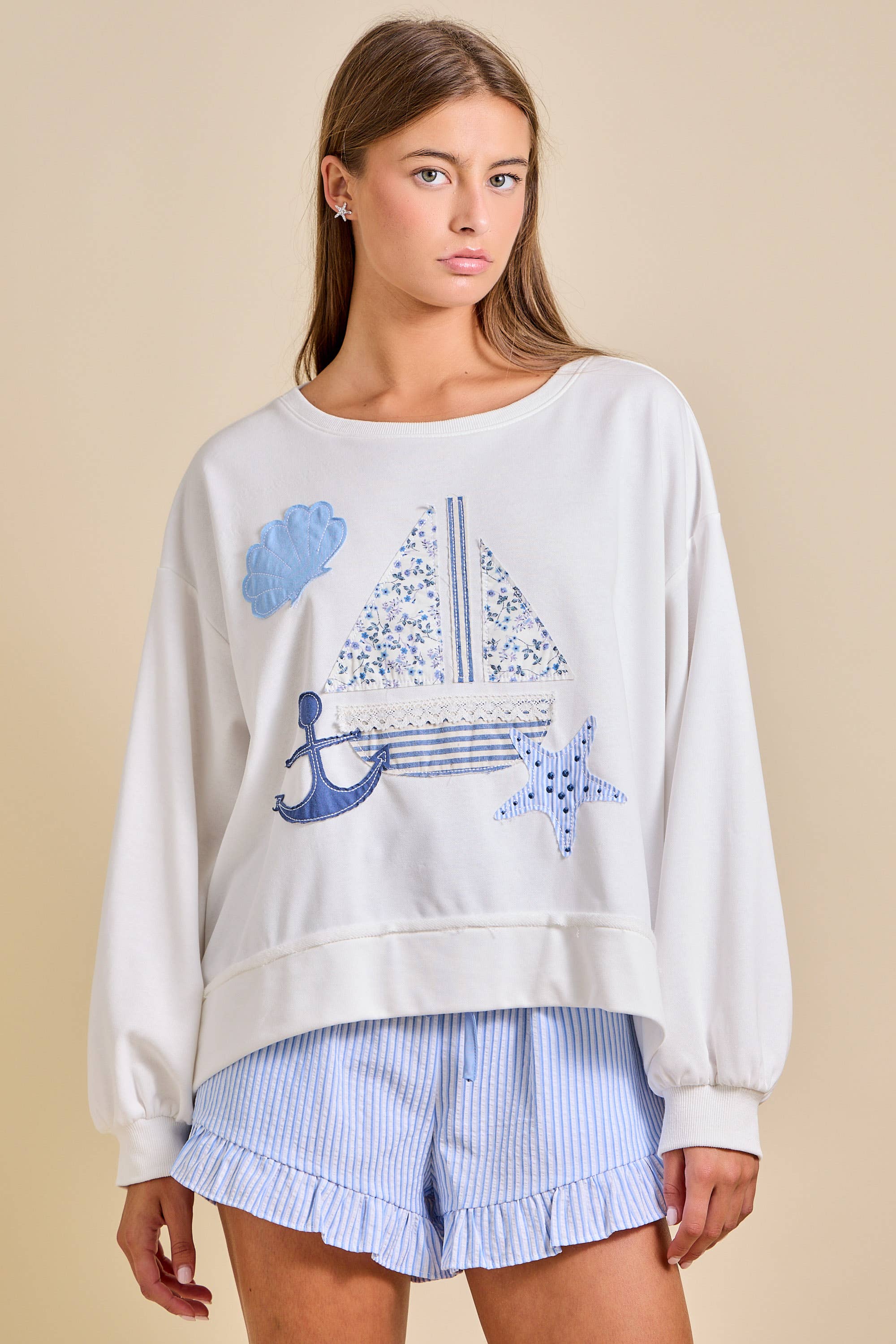 Sailboat Patchwork Sweatshirt – Coastal Summer Pullover