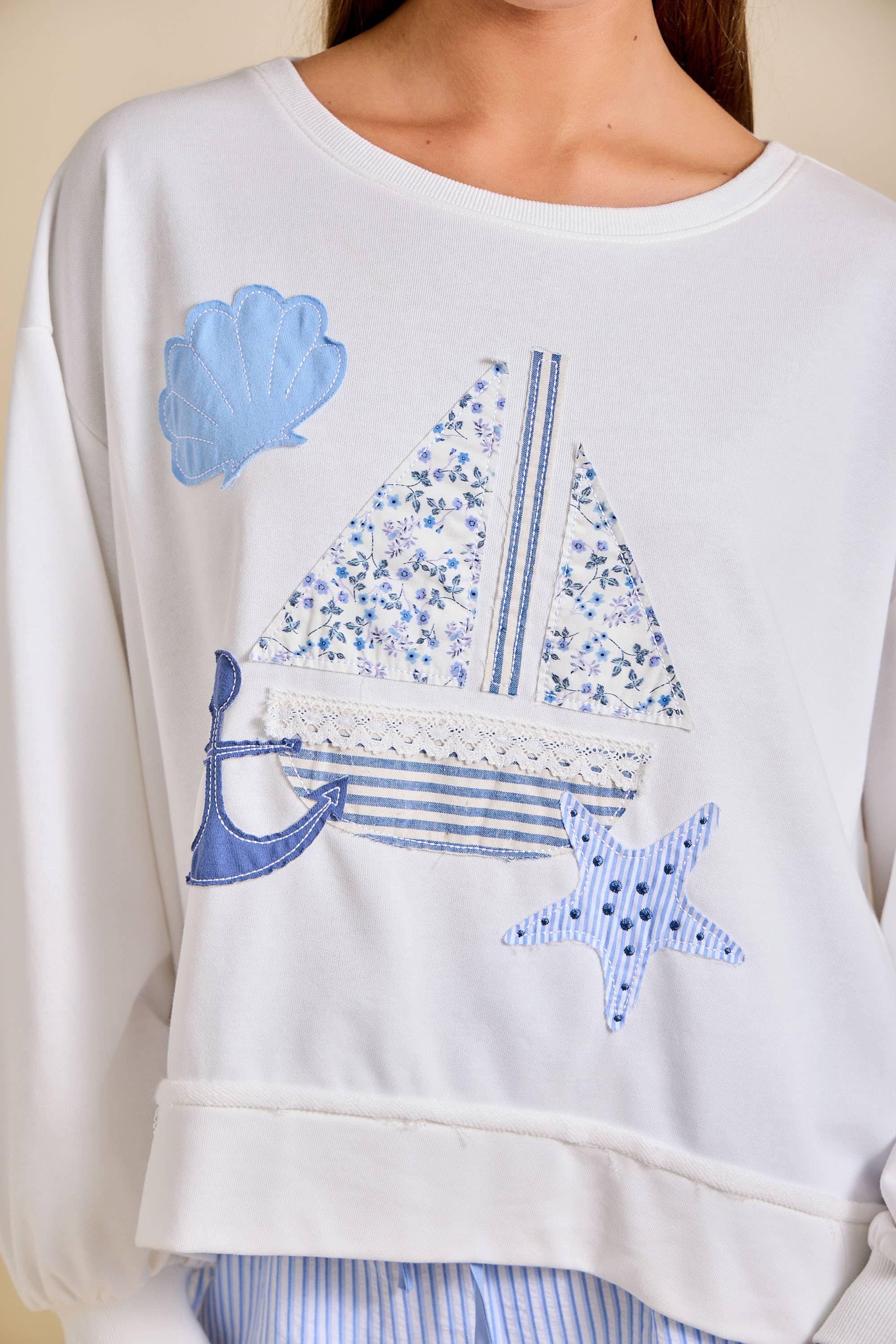 Sailboat Patchwork Sweatshirt – Coastal Summer Pullover