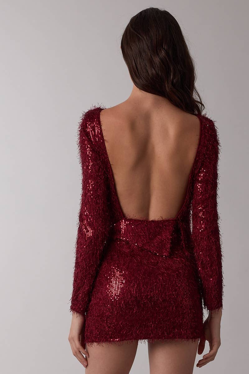 HOLIDAY FULL SEQUIN FRINGE OPEN BACK MINI DRESS $59.50