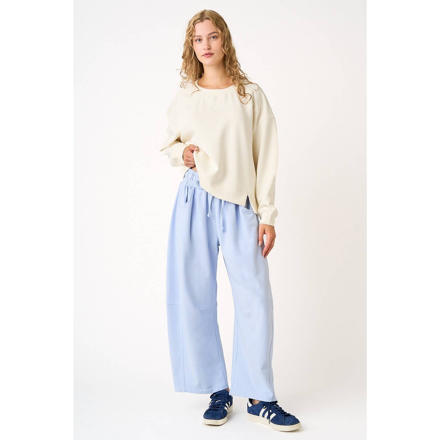 COTTON FRENCH TERRY PULL-ON BARREL LEG PANTS