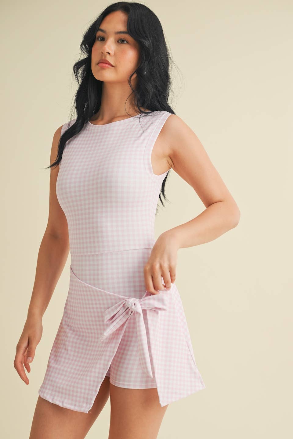Pink Gingham Print Sleeveless Wrap Tie Front Dress