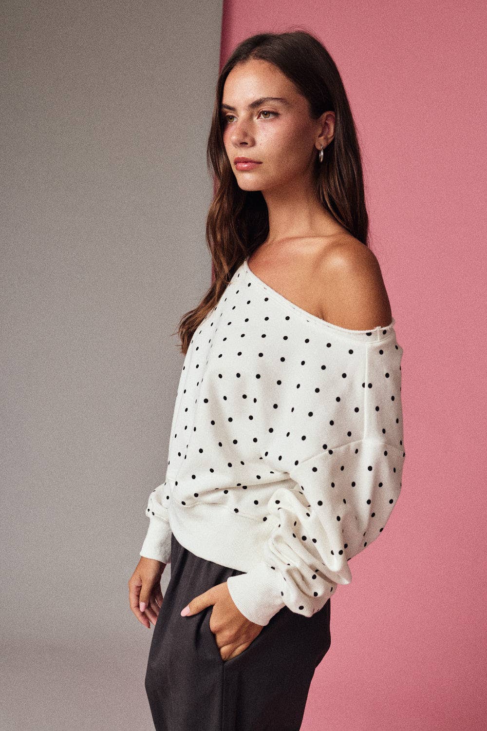 Polka Dot Off Shoulder Sweatshirt Relaxed Fit
