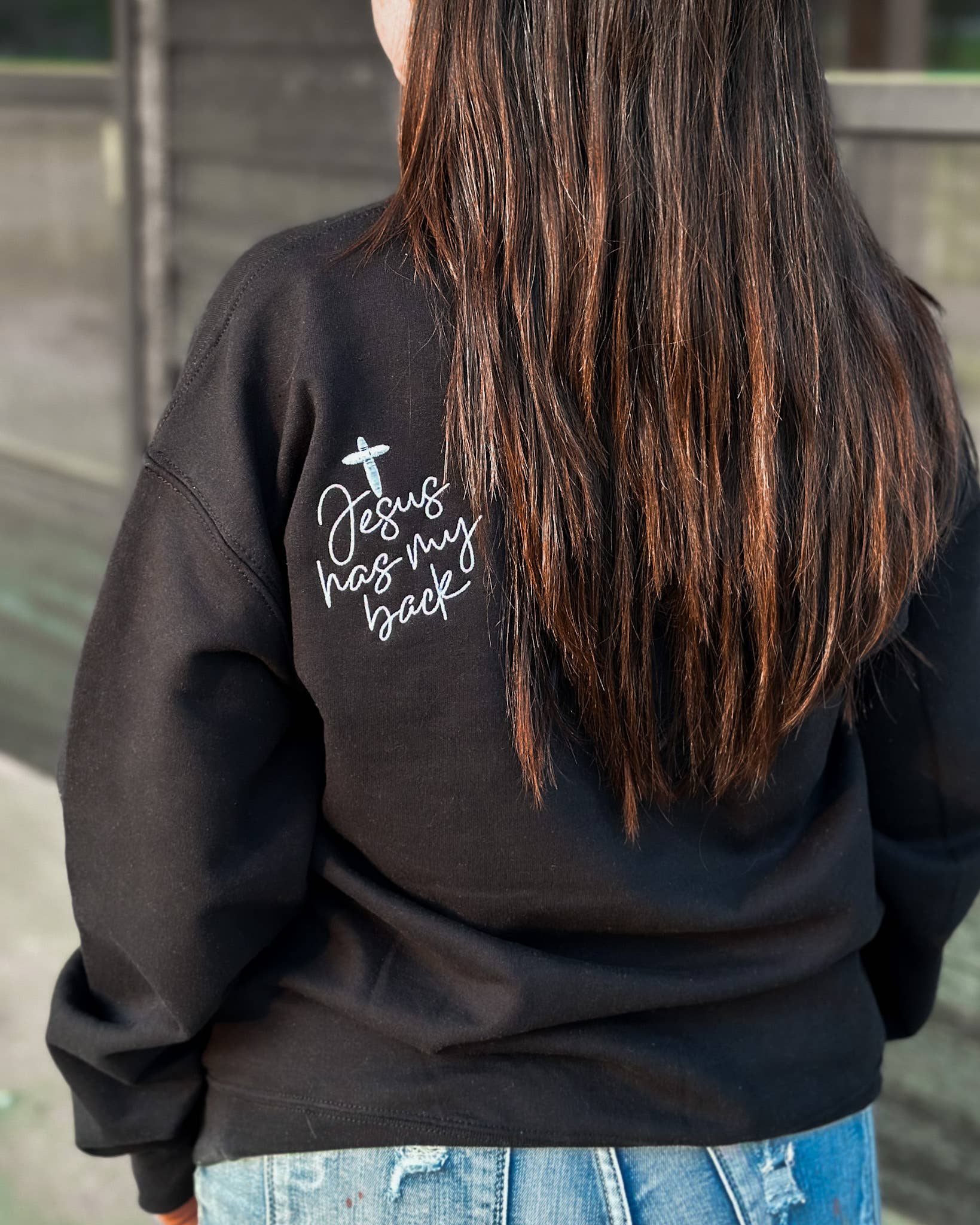 Jesus Has My Back Embroidery Sweatshirt $44