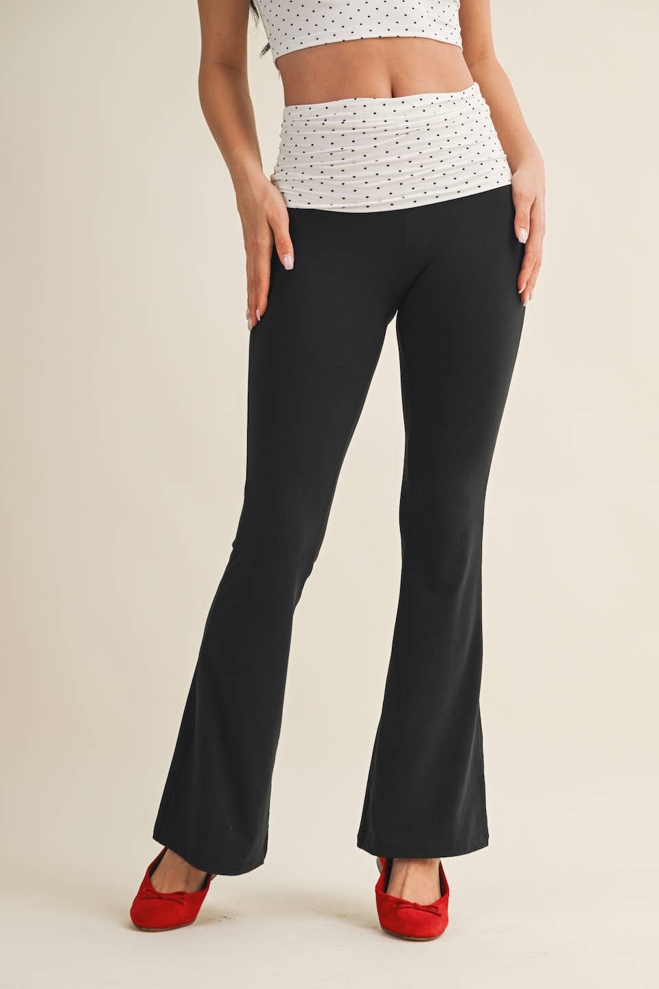 Polka Dot Soft Knit Foldover Flare Pants $24