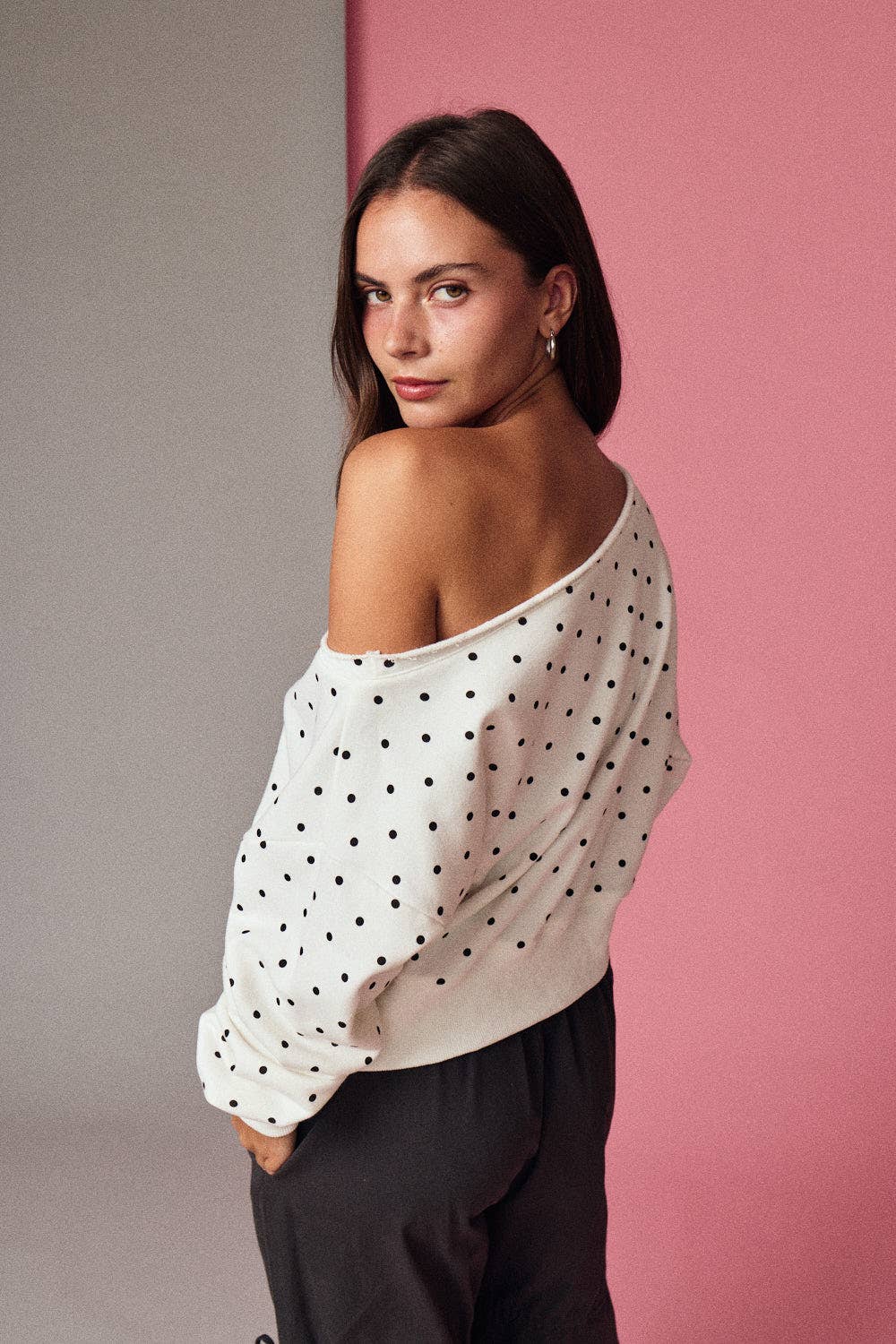 Polka Dot Off Shoulder Sweatshirt Relaxed Fit
