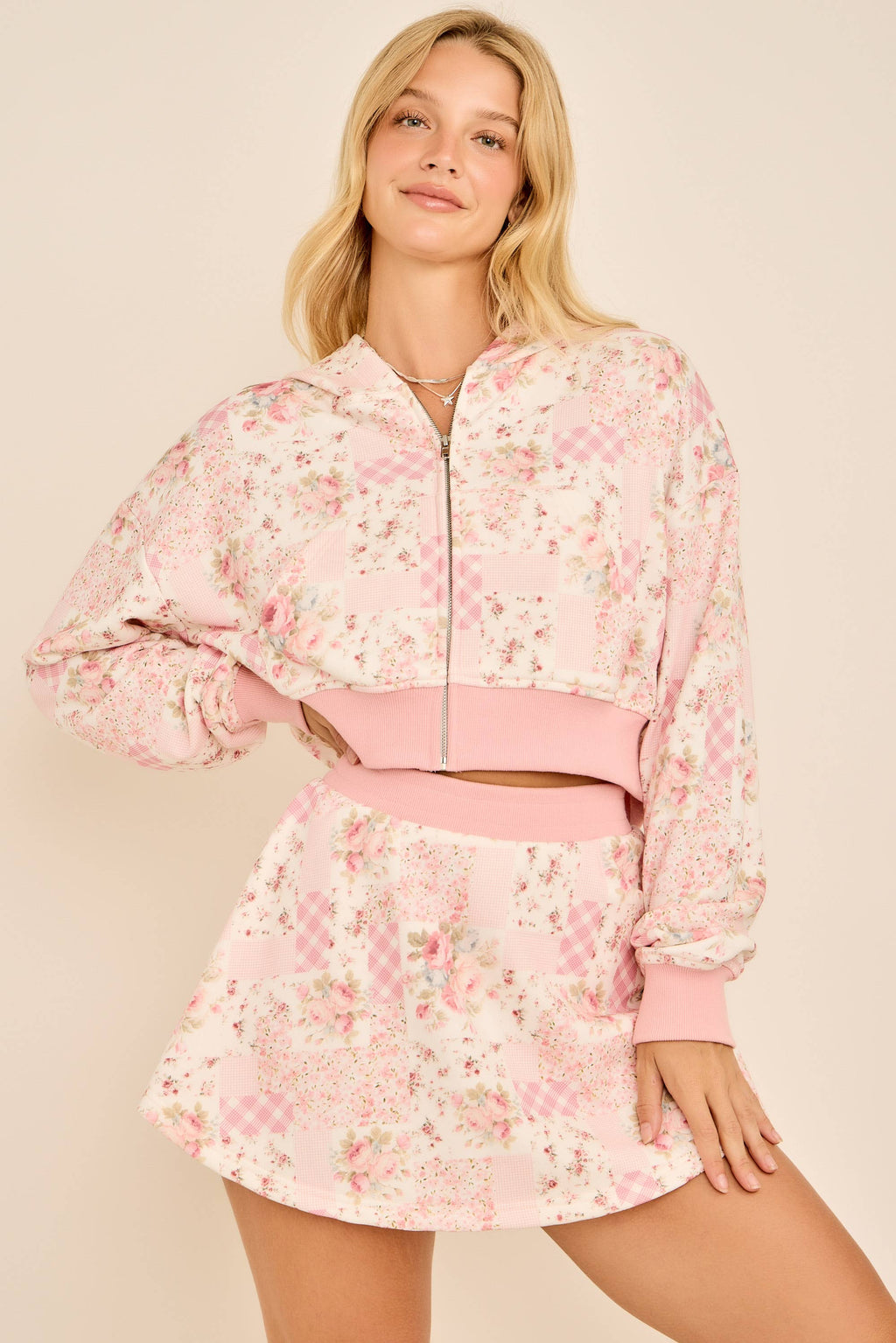 Ditsy floral patchwork printed cropped hoodie with set skort