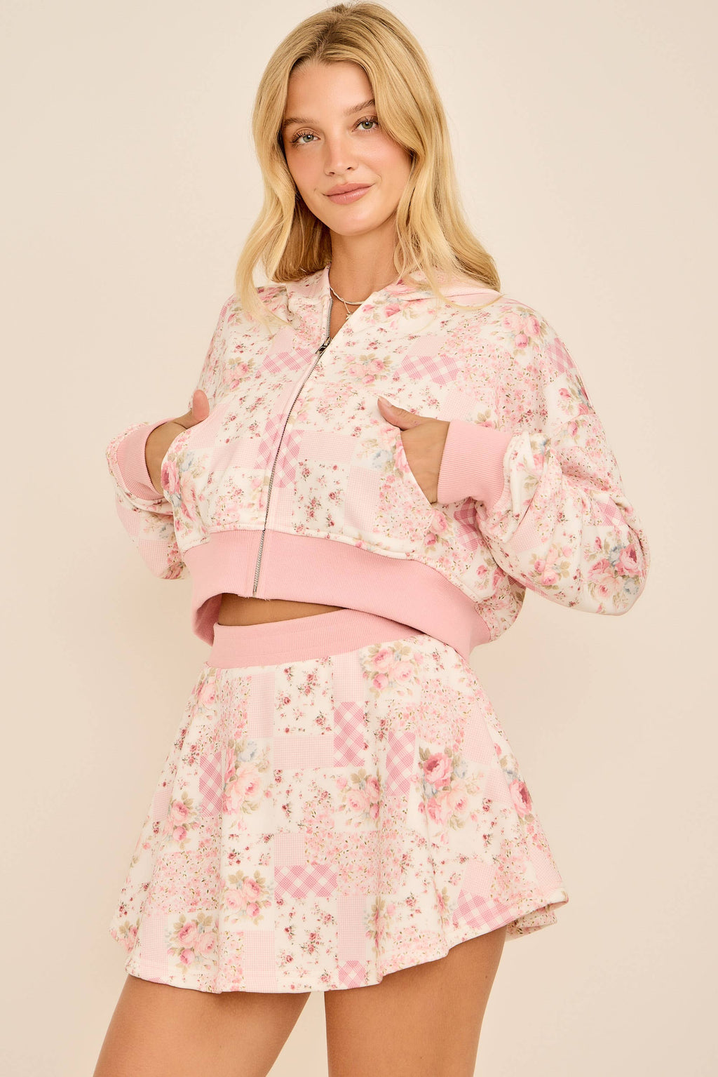 Ditsy floral patchwork printed cropped hoodie with set skort