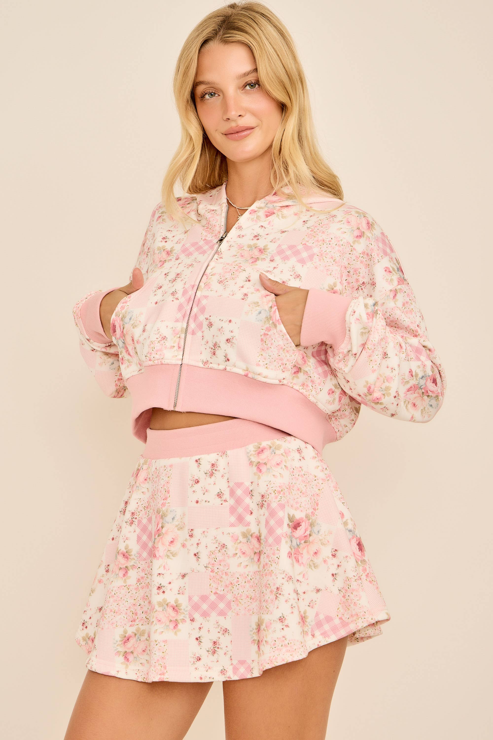 Ditsy floral patchwork printed cropped hoodie with set skort