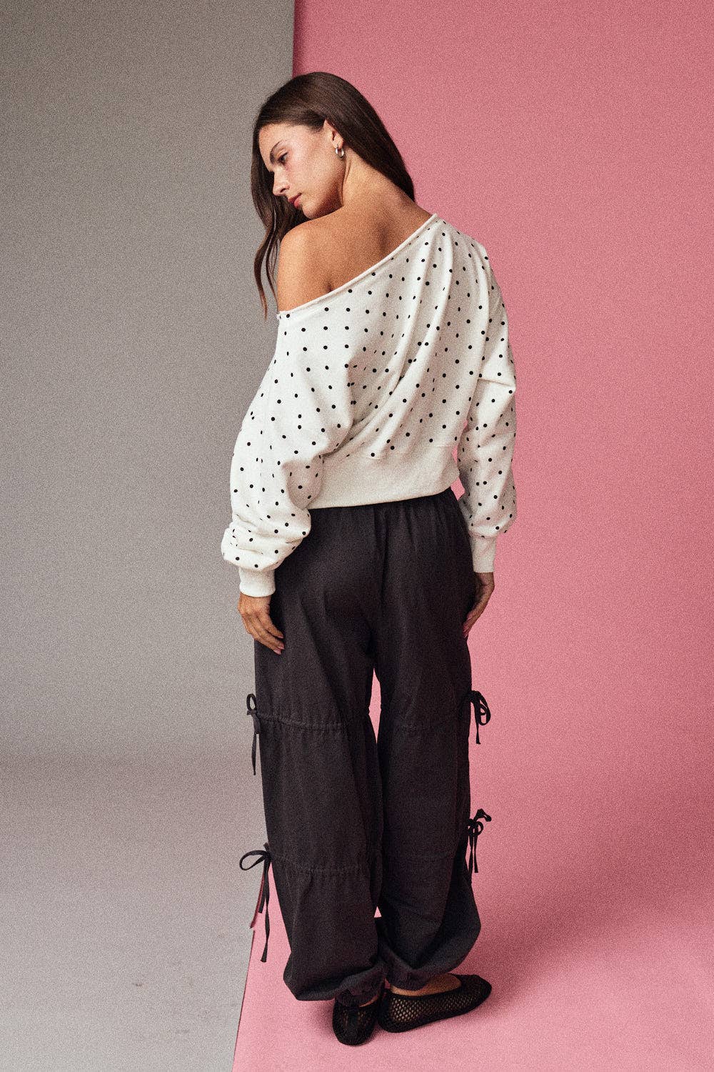 Polka Dot Off Shoulder Sweatshirt Relaxed Fit