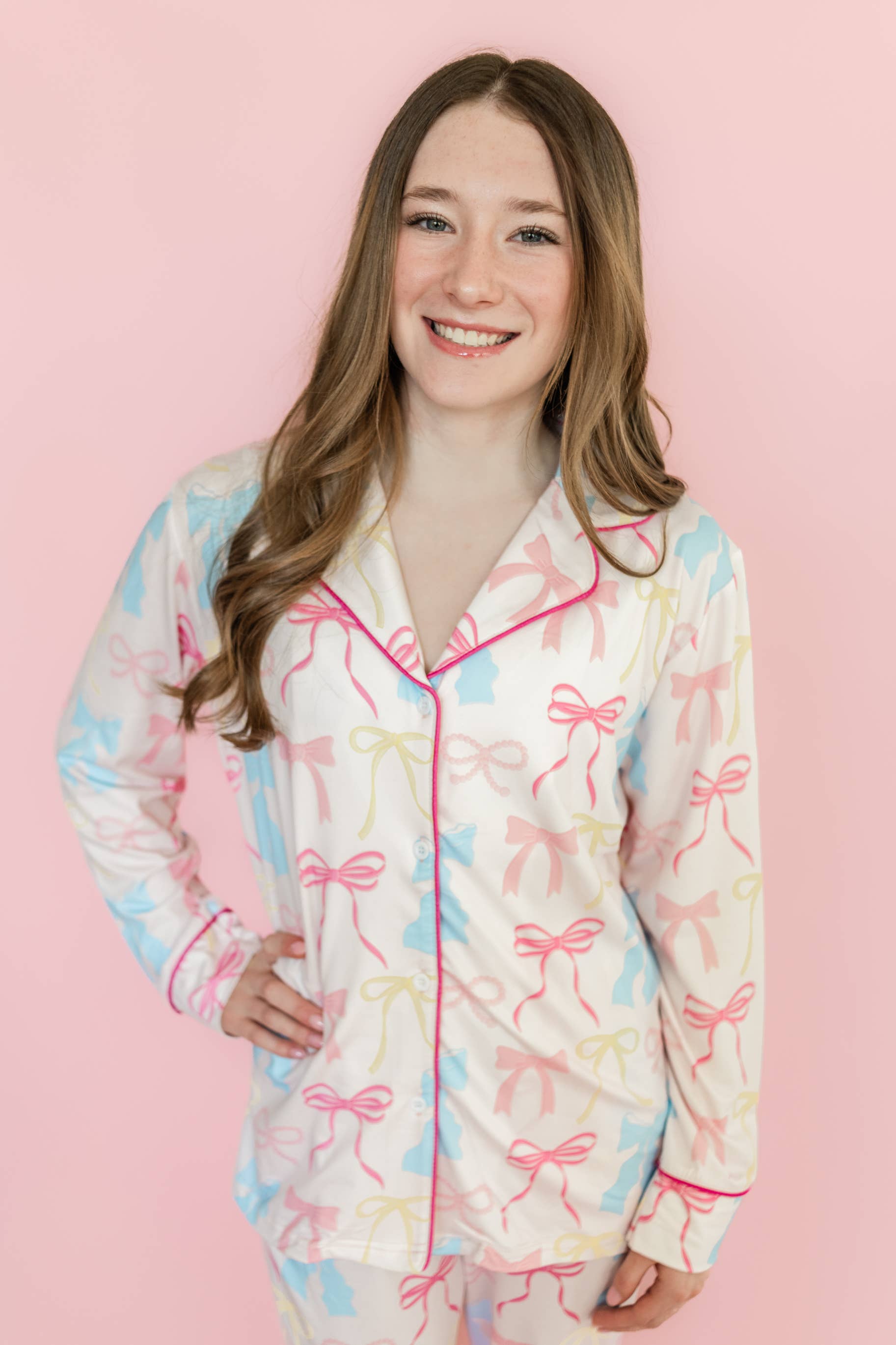 Pink Pastel Bows Long Sleeve Loungewear Pajama Set