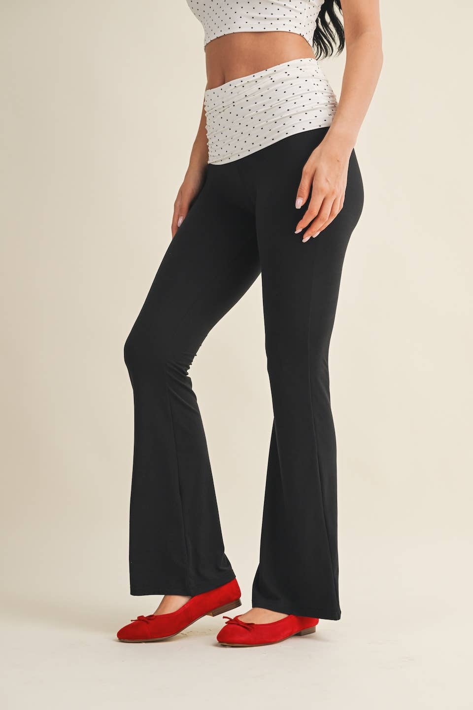 Polka Dot Soft Knit Foldover Flare Pants $24