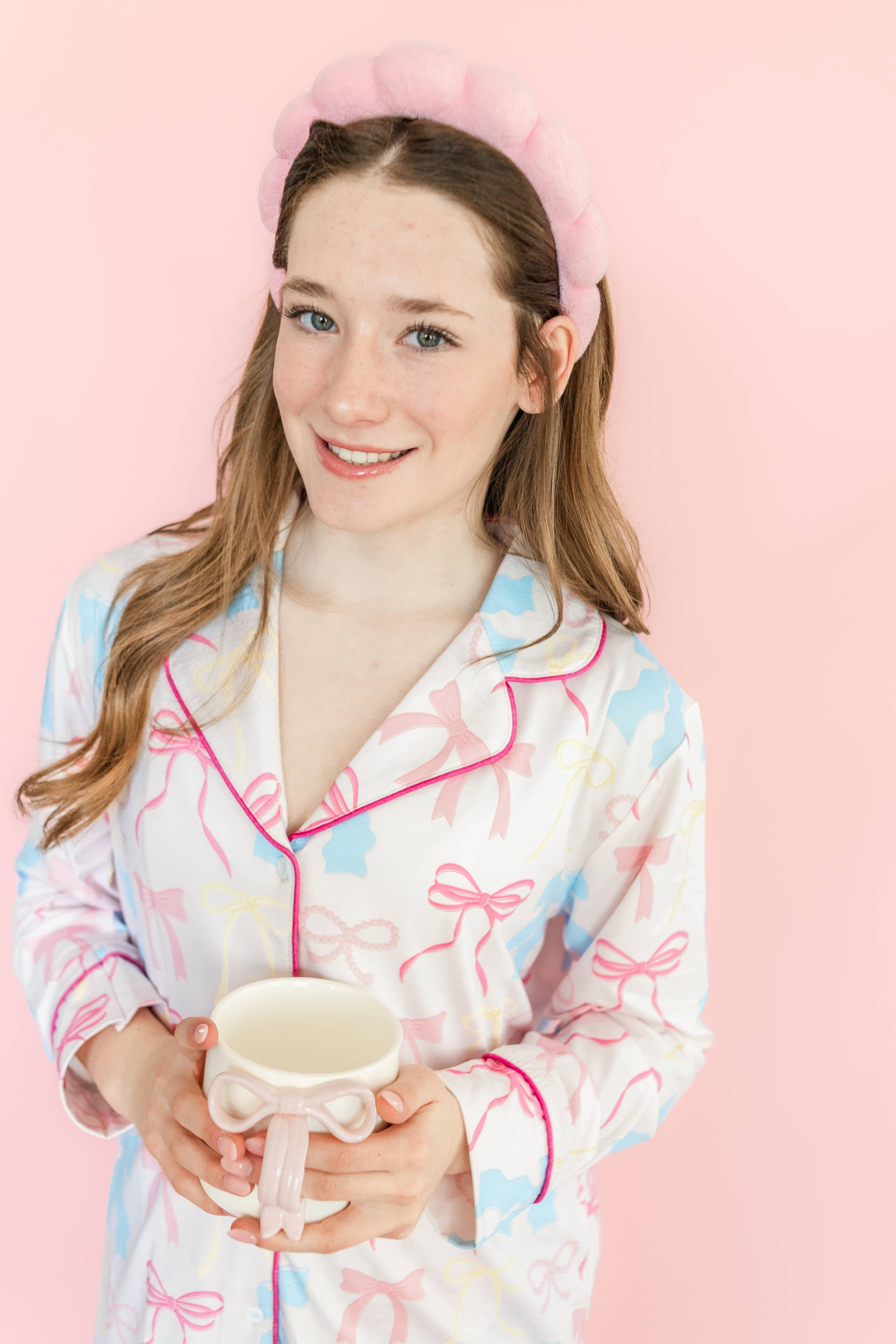 Pink Pastel Bows Long Sleeve Loungewear Pajama Set