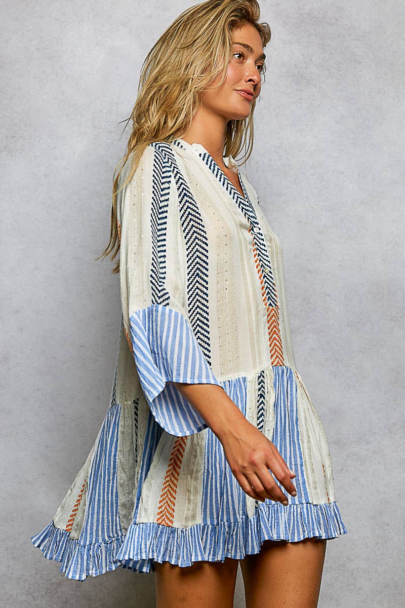 V-neck 3/4 Sleeve Printed Woven Cotton Embroidered Dress