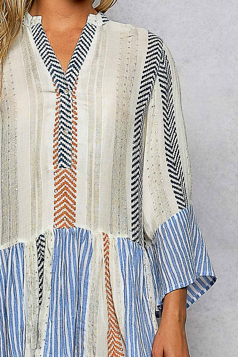 V-neck 3/4 Sleeve Printed Woven Cotton Embroidered Dress