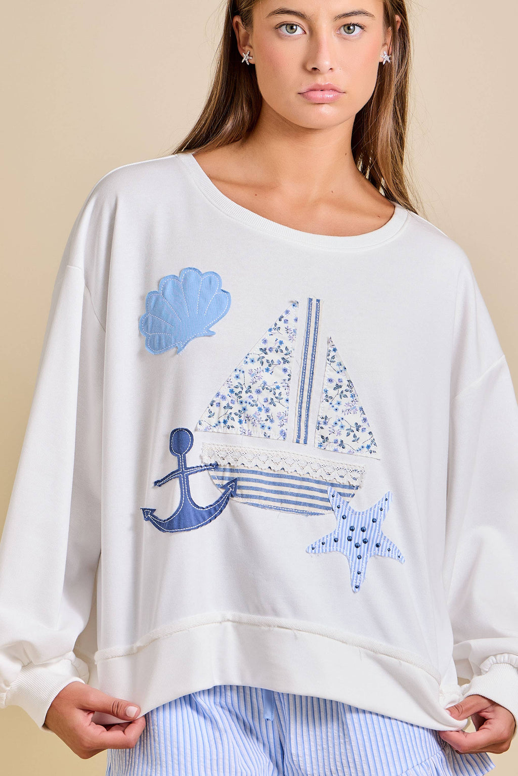 Sailboat Patchwork Sweatshirt – Coastal Summer Pullover