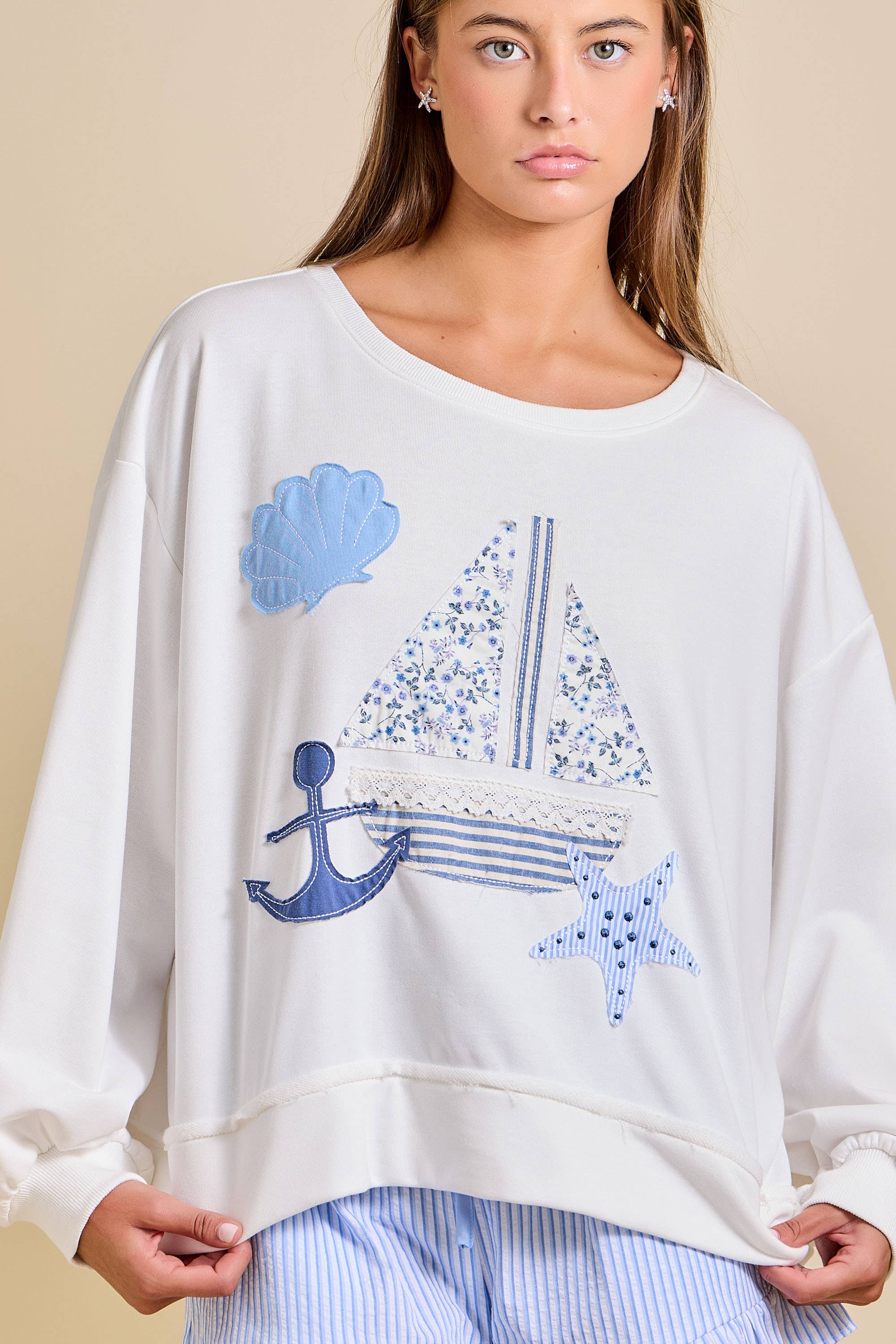 Sailboat Patchwork Sweatshirt – Coastal Summer Pullover
