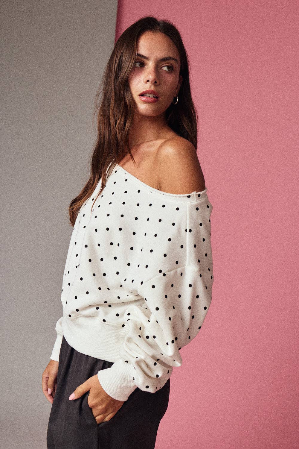 Polka Dot Off Shoulder Sweatshirt Relaxed Fit