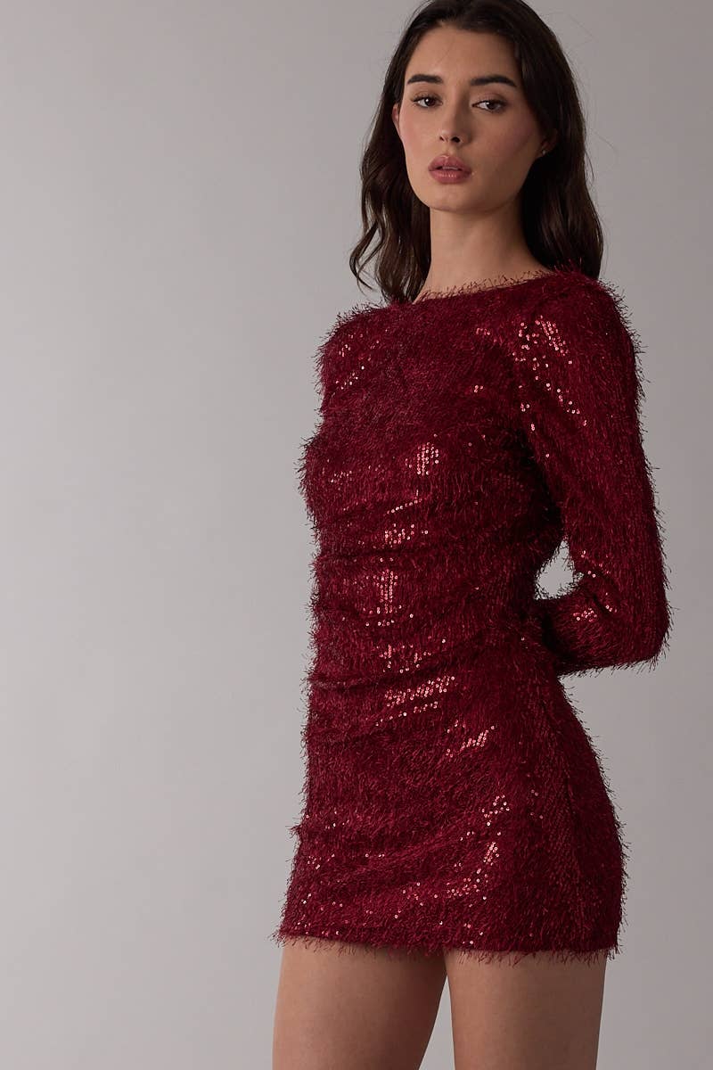 HOLIDAY FULL SEQUIN FRINGE OPEN BACK MINI DRESS $59.50