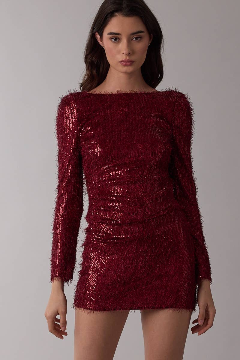 HOLIDAY FULL SEQUIN FRINGE OPEN BACK MINI DRESS $59.50
