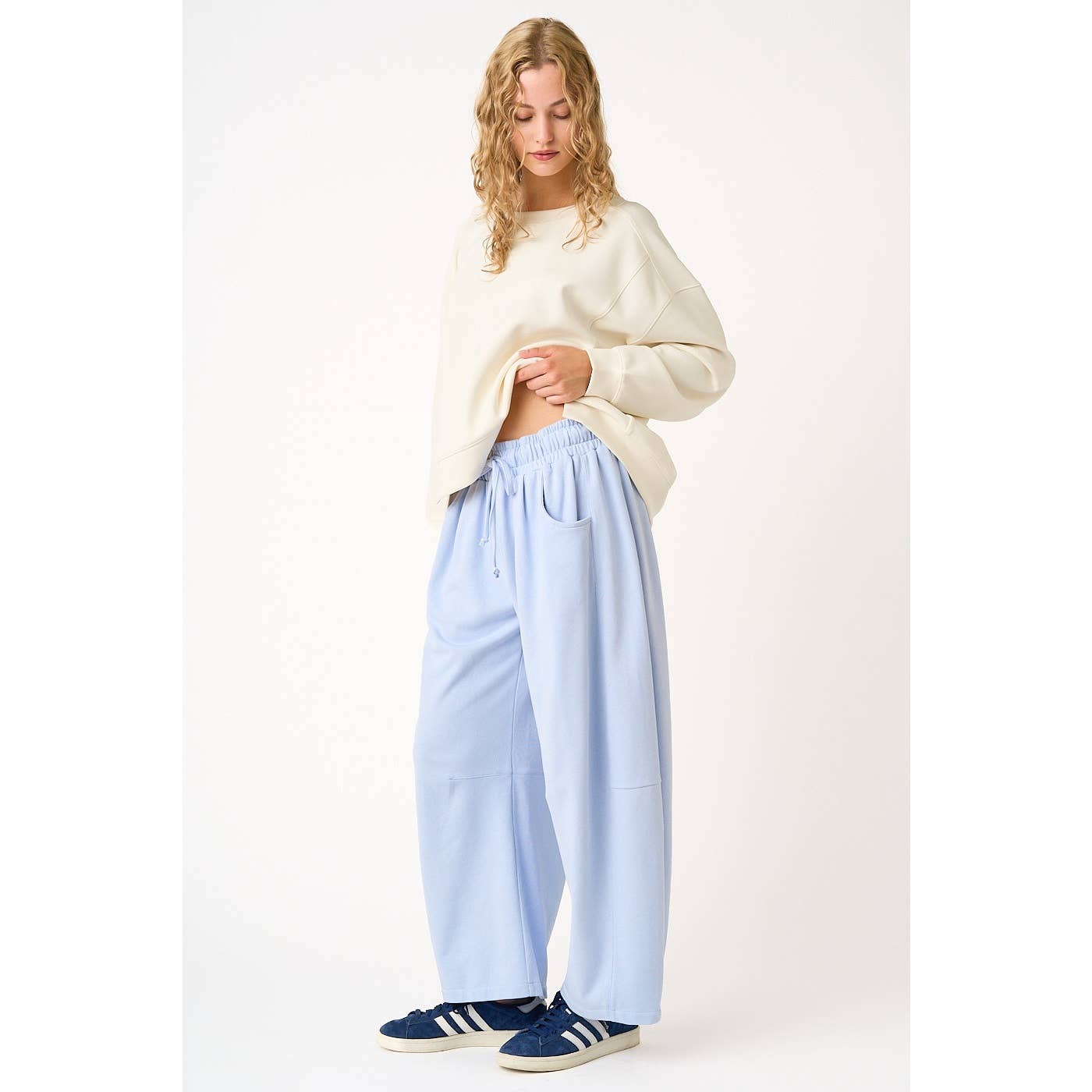 COTTON FRENCH TERRY PULL-ON BARREL LEG PANTS