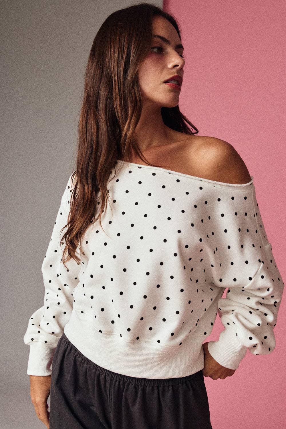 Polka Dot Off Shoulder Sweatshirt Relaxed Fit