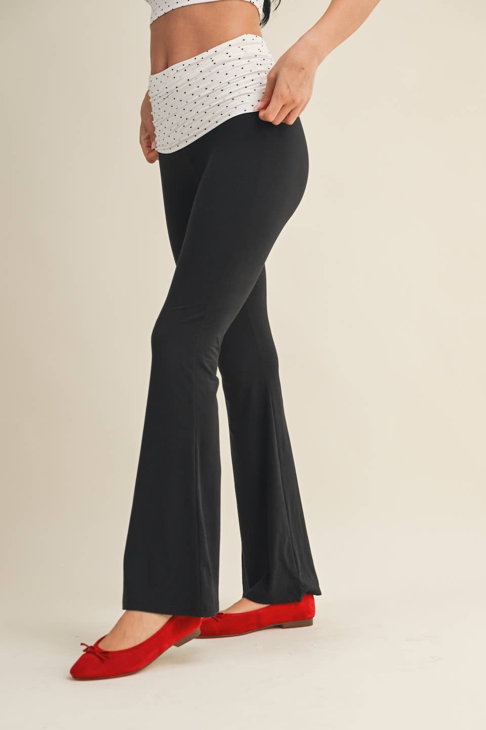 Polka Dot Soft Knit Foldover Flare Pants $24