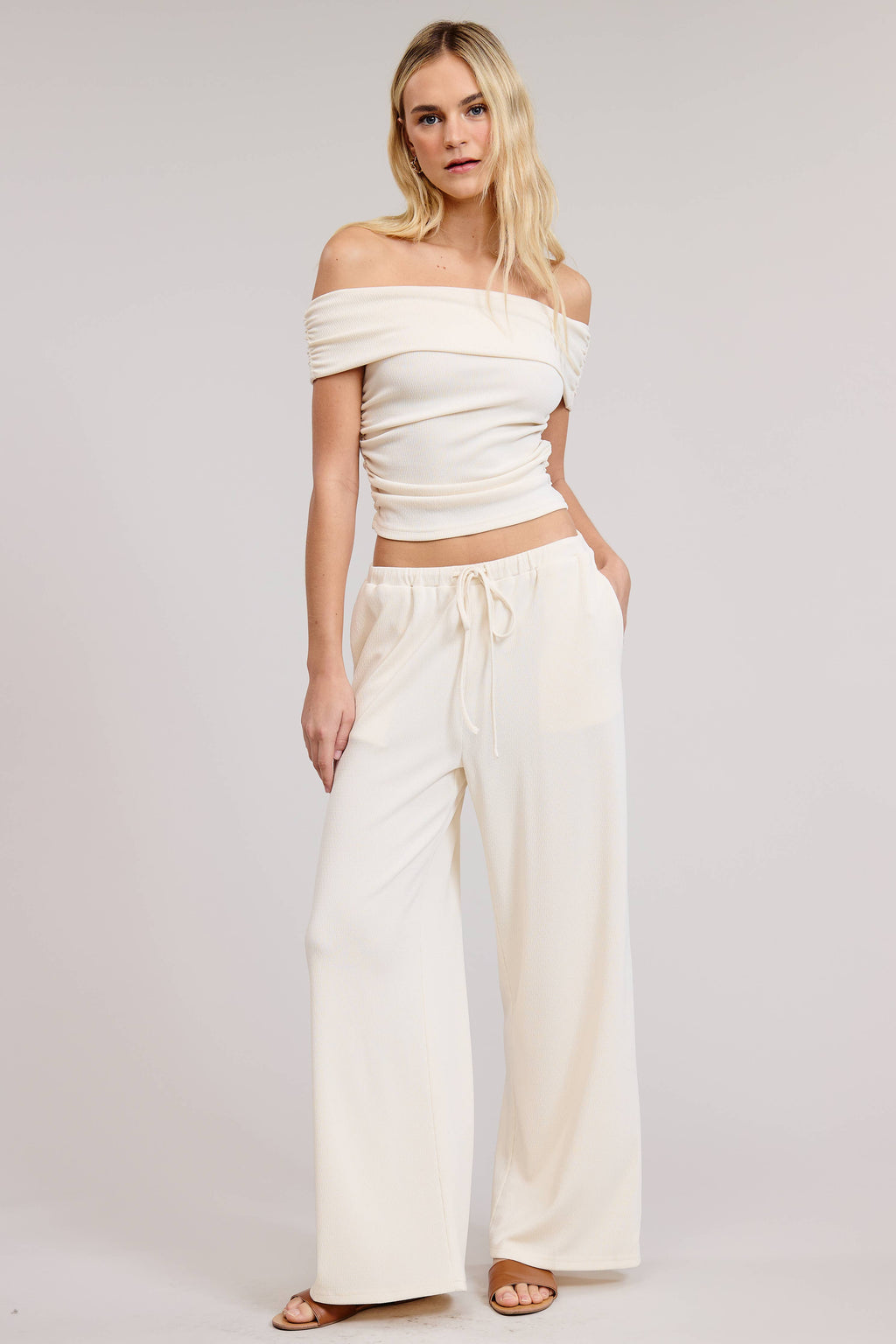 Off Shoulder Pants Set with Ruched Top - Sale $30