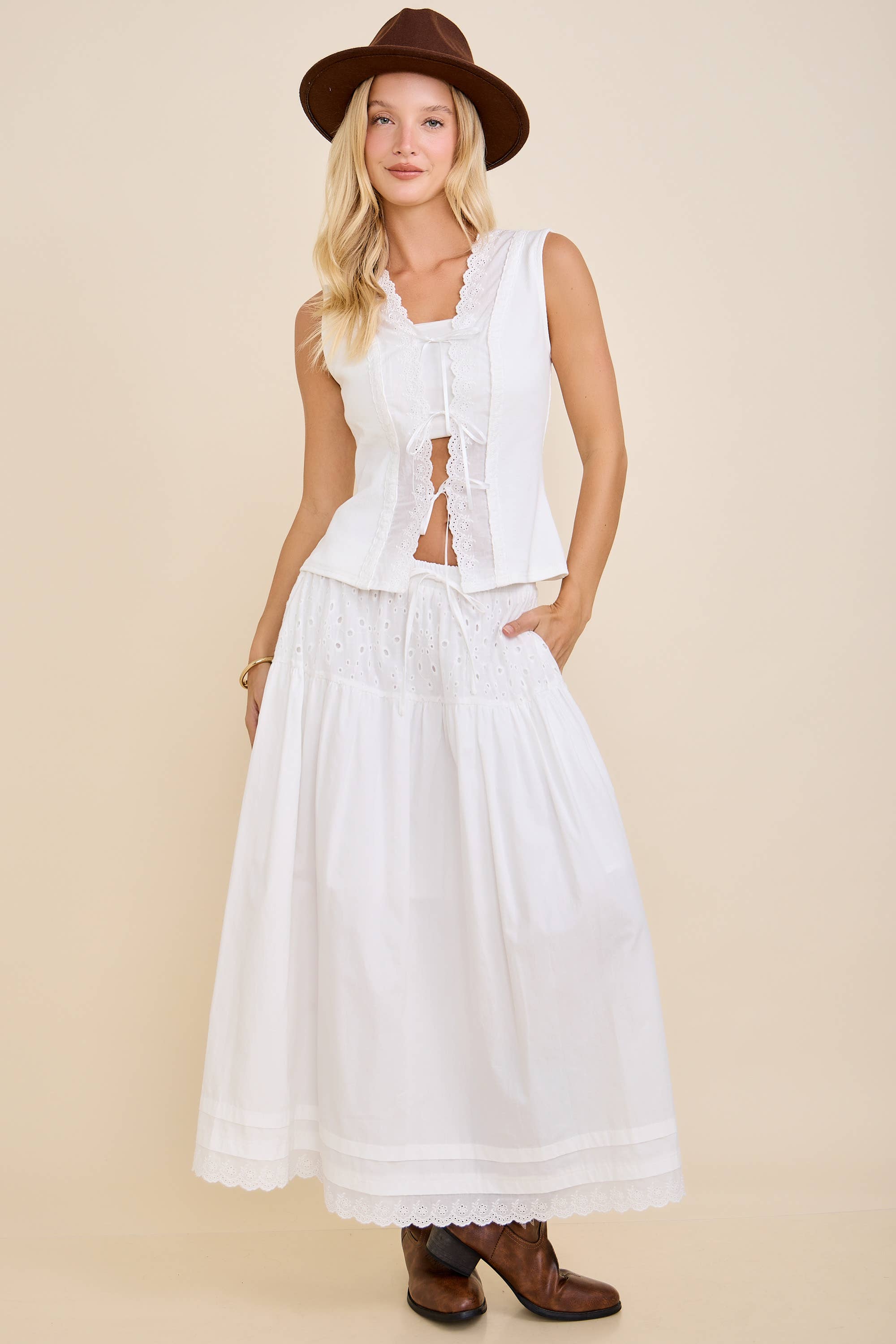 Lace-Up Eyelet Detail Ribbed Tank Top Western Style