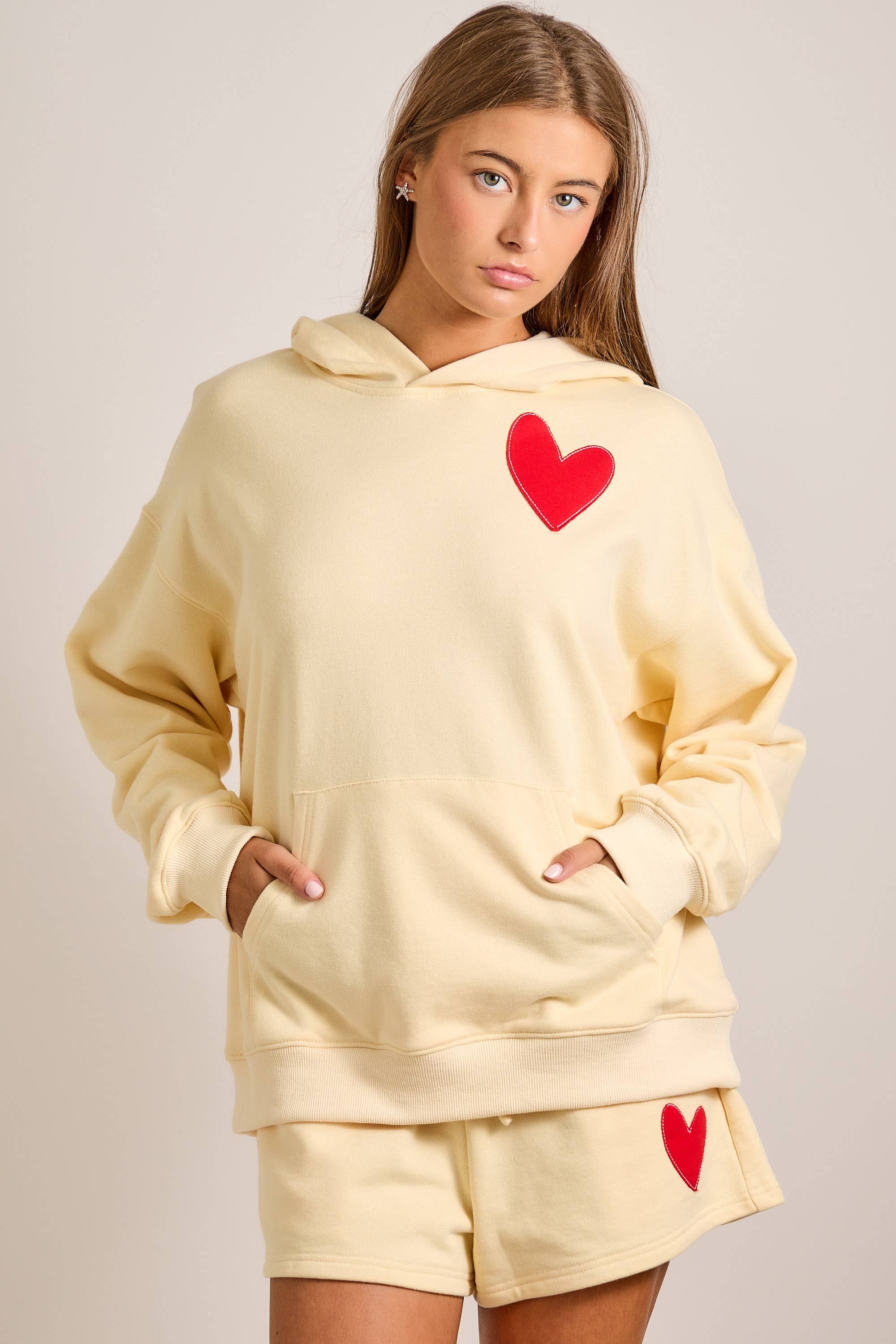 Butter Yellow Heart Hoodie & Shorts Lounge Set $86