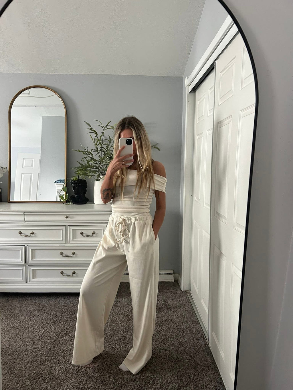 Off Shoulder Pants Set with Ruched Top - Sale $30