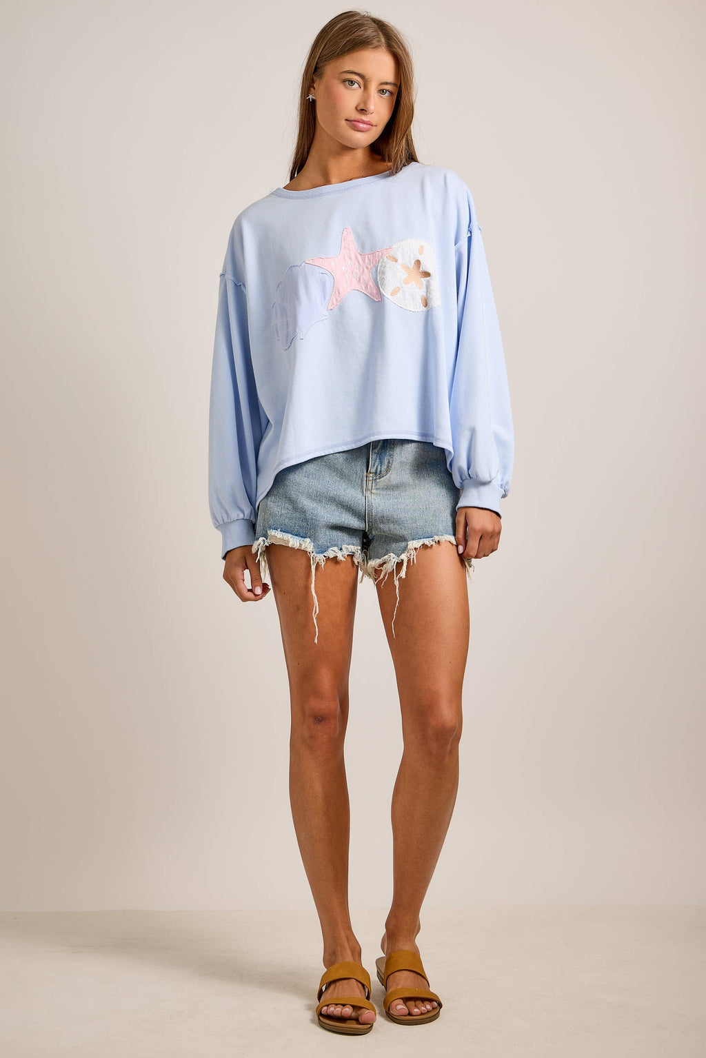 Boat Neck Long Sleeve Top With Seashell Patchwork