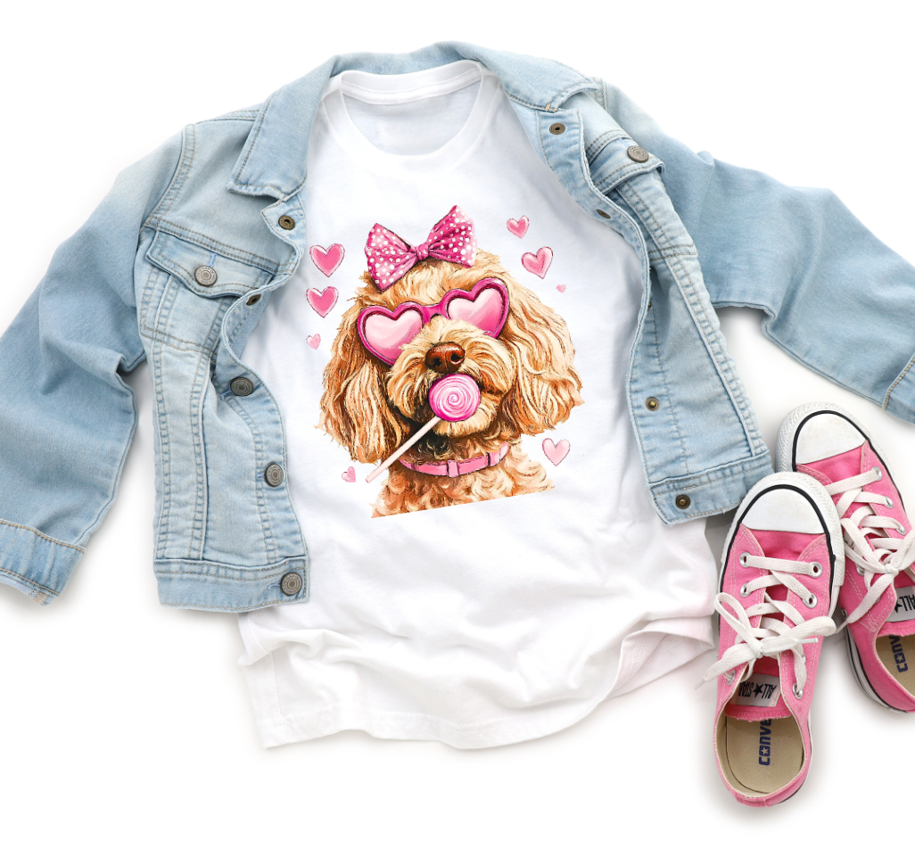 Goldendoodle with Sucker Girls Valentine's Day Dog Shirt